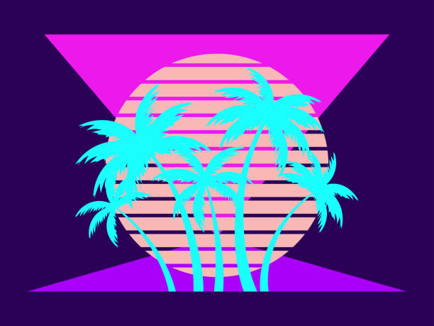 istock Retro futuristic sunset with palm trees and triangle in 80s style. Sci-fi palm trees at sunset in synthwave and retrowave style. Design for print, banners and posters. Vector illustration 2186763514