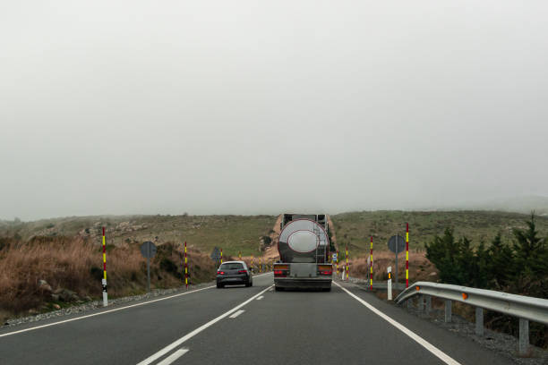 A vehicle is overtaking a truck by invading the oncoming lane. The dashed line on the asphalt indicates that this is a stretch where it is allowed.