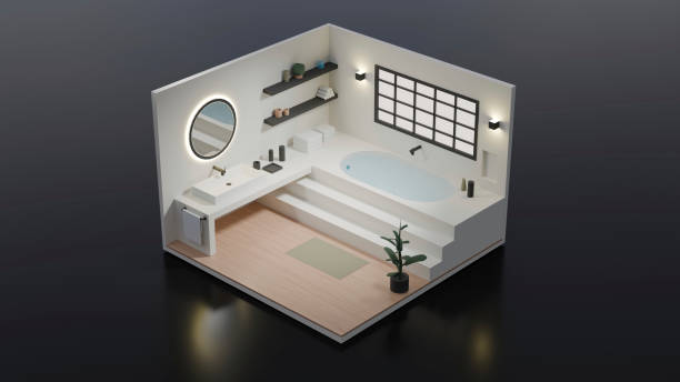 A beautifully 3D designed minimalist modern bathroom featuring a built-in bathtub on raised steps, a sleek vanity with a circular backlit mirror. The space incorporates clean lines, a neutral color palette, and subtle lighting for a serene and functional atmosphere. A soft wooden floor and a small potted plant add warmth and natural elements to the design. Ideal for concepts of modern living, interior design, and luxury home decor