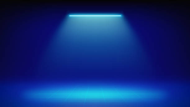 istock Futuristic blue stage background. Room illuminated by cyan neon, led spotlight, grid floor. Minimalistic backdrop design for displaying products, presentation, advertising. Showcase. Vector 2186768034