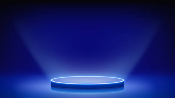 istock Futuristic blue stage, glowing podium. Blue room, round neon pedestal podium illuminating advertised product from below. Background. Displaying products, presentation. Showcase. Backdrop. Vector 2186768071