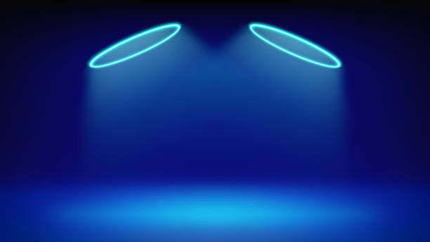 istock Futuristic stage blue background. Room illuminated by circular cyan neon, modern led halo spotlight. Backdrop for displaying products, presentation, advertising. Showcase. Vector illustration 2186768136