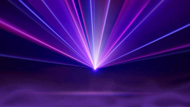 istock Laser light show. Bright led laser beams, dj light party. Illuminated blue purple stage, led strobe lights, smoke. Background, backdrop for displaying products. Vector illustration 2186768446