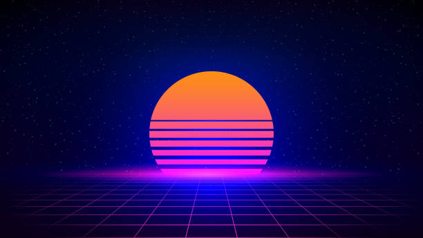 Synthwave background 80's. Retro style, neon color. Futuristic 3d dark blue backdrop, geometric sci-fi digital template. Starry sky background, mesh, grid floor, sun, moon. Vector illustration
