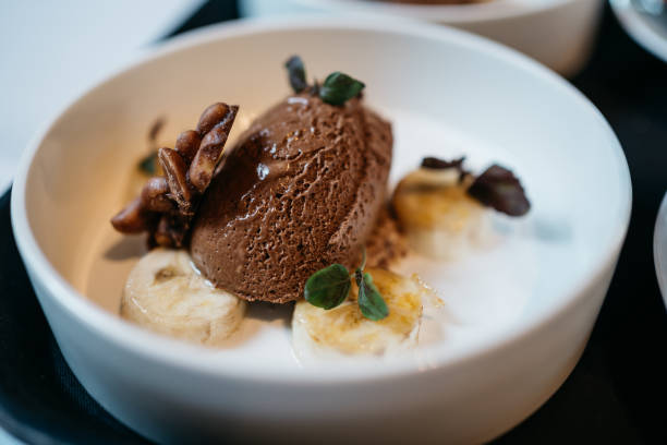 Chocolate Ice Cream Dessert with Sliced Bananas and Nuts