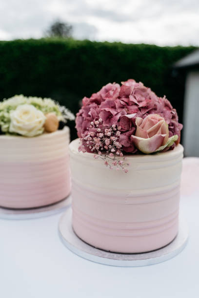 istock Small Pink Wedding Cakes Decorated with Fresh Flowers on White Table 2186769961
