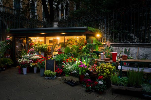 September 26, 2024: A stall selling flowers in the centre of Venice, Italy