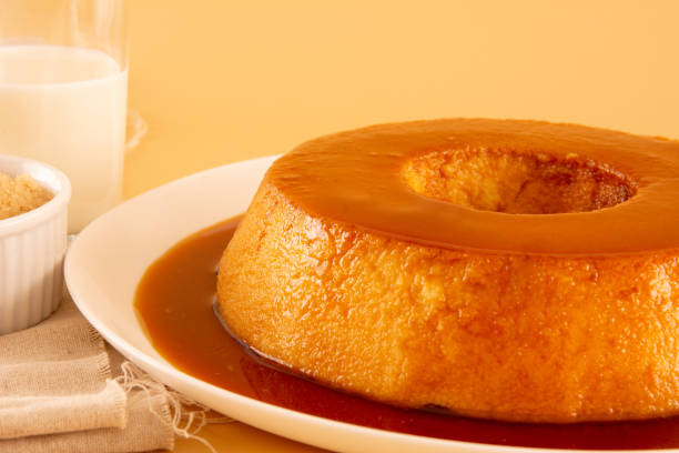 istock Creme Caramel Condensed Milk Pudim in front view with beige background 2186772498