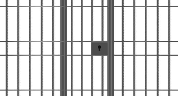 istock Realistic metal prison bars. Criminal background mockup. Prison cage with locked door metal bars. Jail door. Prison metal bars. Prison cell 2186774330