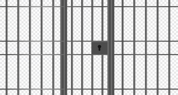 istock Realistic metal prison bars. Criminal background mockup. Prison cage with locked door metal bars. Jail door. Prison metal bars. Prison cell 2186774359