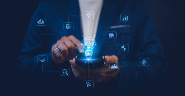 Man use smartphone with AI robot icon surrounded by connected tech symbols, representing artificial intelligence and digital integration. Concept AI-driven innovation. IoT for technology AI automation el hombre usa un teléfono inteligente con un ícono de robot de ia rodeado de símbolos tecnológicos conectados, que representan la inteligencia artificial y la integración digital. concepto de innovación impulsada por la ia. iot para la tecnología, l