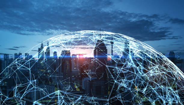istock Futuristic digital global network concept overlaying a city skyline showcasing interconnected nodes under a cloudy sky at sunset. 2186776849