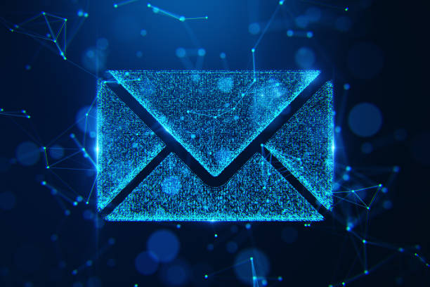 istock Neon digital envelope icon with glowing dots and connections on a dark blue backdrop. Concept of modern electronic communication symbol. 3D Rendering 2186776883