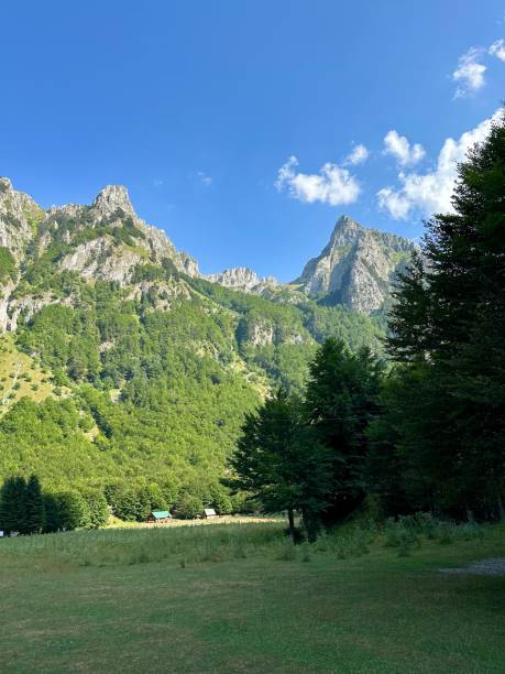istock Scenic mountain landscape surrounded by trees under a clear blue sky 2186777012