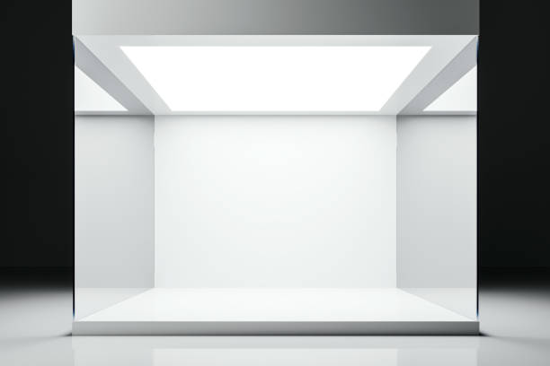 istock Minimalistic exhibition stand with a white illuminated interior and dark edges. 3D Rendering 2186777035