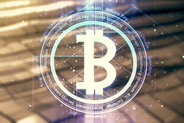 istock Virtual Bitcoin hologram on blurry abstract metal background. Multiexposure 2186778687