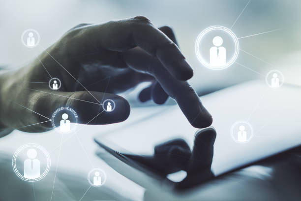istock Social network media concept with finger presses on a digital tablet on background. Double exposure 2186778711