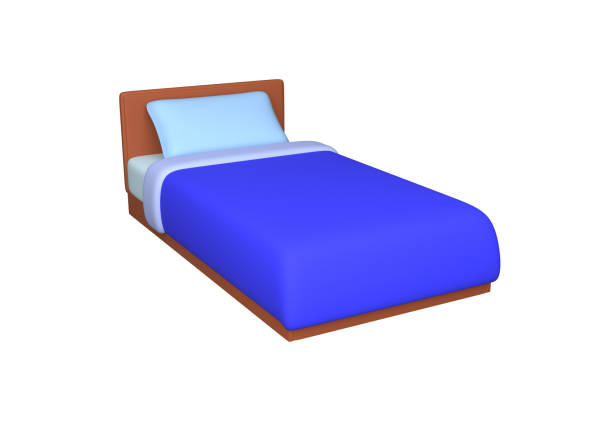 Single bed with blue bed linen. Modern furniture. Bed with blanket and pillows. 3d rendering