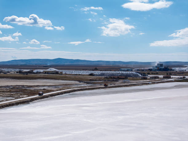 Aerial view of truck working on the salt lake. Konya, Türkiye.