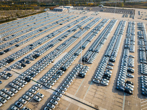 istock Aerial view new car lined up for business logistic 2186782571
