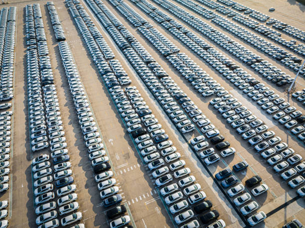 istock Aerial view new car lined up for business logistic 2186782588