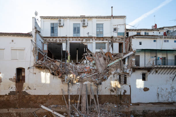 Building with severe structural damage after flooding in Chiva, Valencia