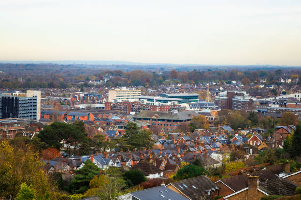 High angle view over the city of Guildford in Surrey, southeast England.