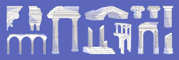 ilustraciones, imágenes clip art, dibujos animados e iconos de stock de conjunto de ruinas antiguas. columnas rotas, arcos de antiguos palacios griegos. pilares dañados, arcos de edificios romanos. arquitectura griega en ruinas, bajorrelieves de roma, estuco. ilustraciones vectoriales aisladas planas - en ruinas