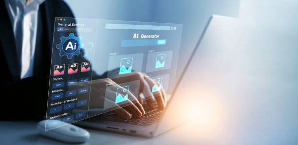 istock Person using AI software to generate images with futuristic platform user interface. Image AI generator conceptArtificial Intelligence Image Content Generator.AI image creation service technology. 2186806822
