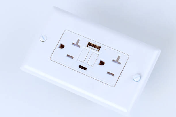 istock Modern electrical outlet with USB ports installed on white wall panel in contemporary home setting 2186807946