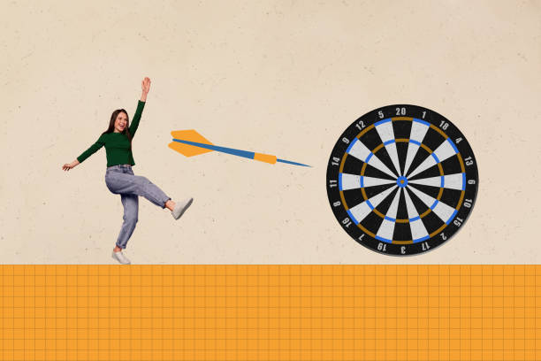 istock 3d retro abstract creative artwork template collage of funny female throw darts board target analysis success magazine surrealism metaphor 2186808938