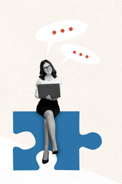 istock Collage of hardworking manager young girl doing well using laptop thinking during creating startup sitting on puzzle piece element 2186809031