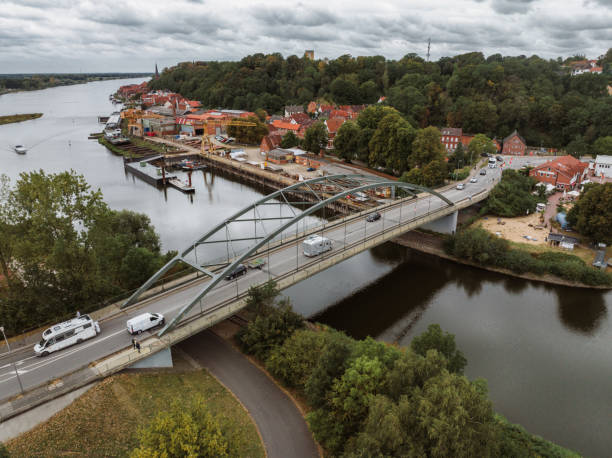 drone view on bridge over elbe river in Lauenburg in Schleswig Holstein