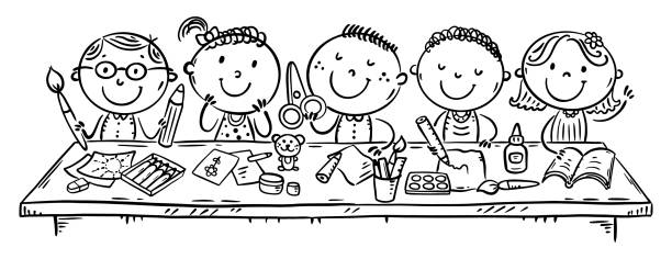 Doodle kids crafting together at the table, kids creative activities, funny cartoon kids cooperation, children hobby, outline illustration Doodle kids crafting together at the table, kids creative activities, funny cartoon kids cooperation, children hobby. Black and white vector illustration craft activities for preschoolers stock illustrations