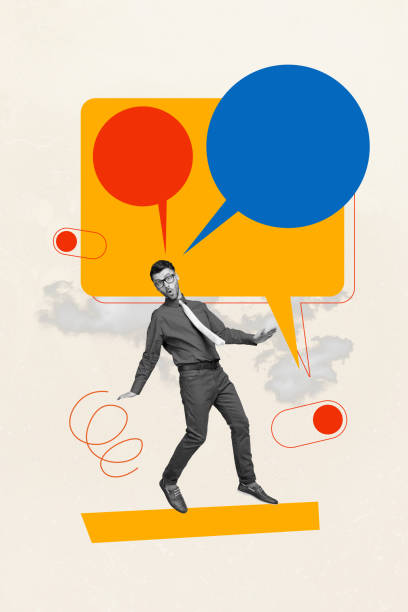 istock Vertical collage picture of impressed mini black white colors elegant guy huge dialogue bubble notification button painted clouds sky 2186812949