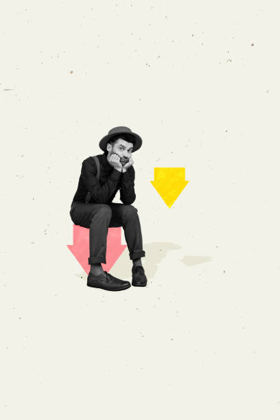 istock Image collage artwork of funny jobless man dissatisfied sitting depressed failed project arrows direction down isolated on white background 2186812995