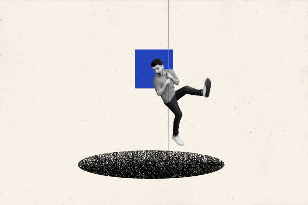 istock Creative collage artwork poster image of young man hanging on rope looking down panic watching deep hole isolated on beige background 2186813156