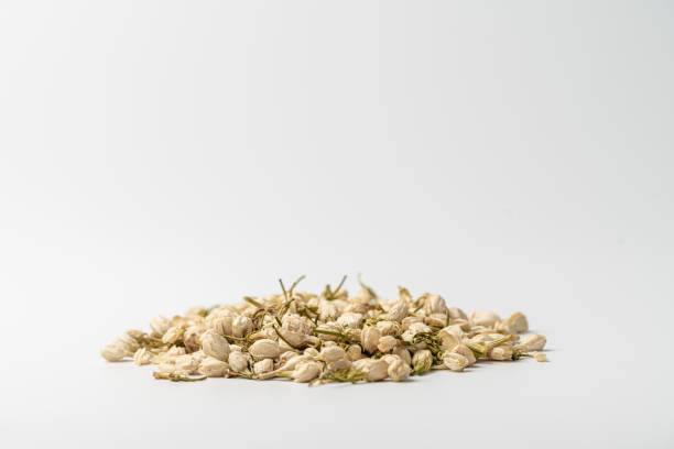 Dried jasmine tea macrophotography white background