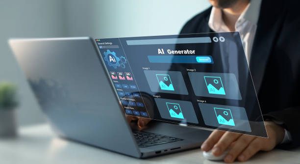 istock Person using AI software to generate images with futuristic platform user interface. Image AI generator conceptArtificial Intelligence Image Content Generator.AI image creation service technology. 2186814785