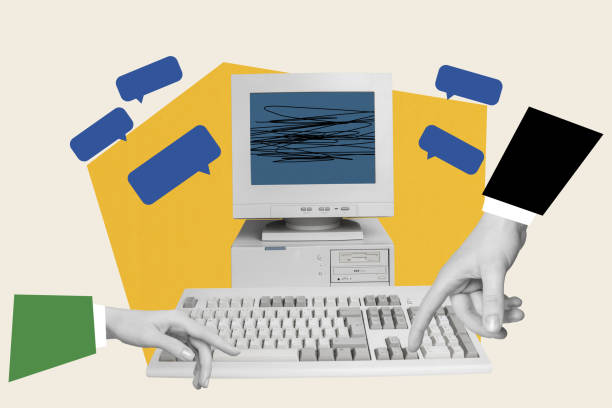 istock Creative 3d model of retro computer collage where human fingers using with nostalgia chatting app on display isolated over yellow background 2186817924