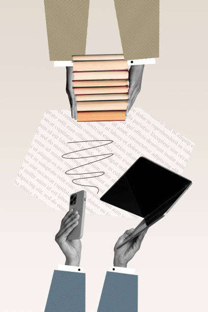 istock Creative template poster banner collage of concept choose online education with digital materials in device while read paper book 2186817949