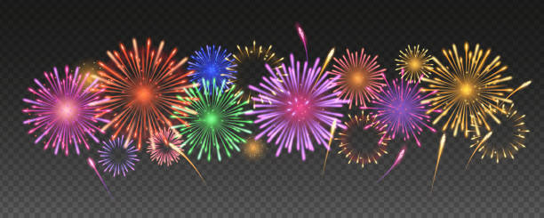 istock Colorful festive fireworks set. Isolated vector  illustration on transparent background. 2186818838