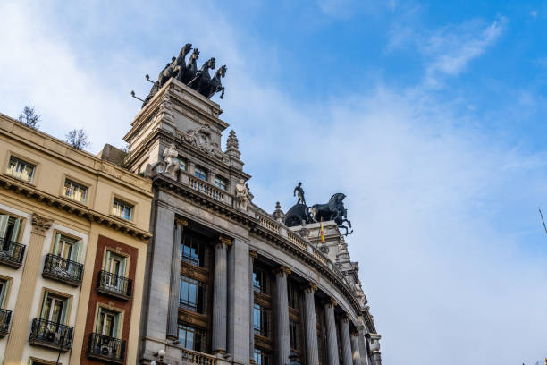 Low angle view of historical building in central Madrid. Sevilla Square