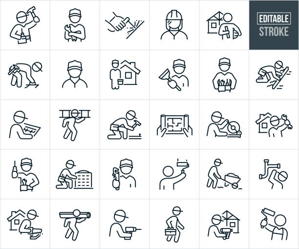 illustrations, cliparts, dessins animés et icônes de icônes de ligne mince de commerçant - trait modifiable - les icônes incluent un artisan, un réparateur, un bricoleur, une personne bricoleuse, un artisan, un charpentier, un plombier, un col-bleu, une fixation, une réparation, un peintre, un soudeur, - réparateurs et réparatrices