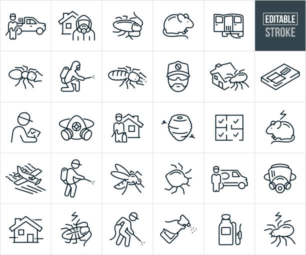 stockillustraties, clipart, cartoons en iconen met pest control and exterminator thin line icons - editable stroke - icons include exterminators spraying pesticides, pest management, pets, insects, cockroach, rat, ants, termites, wasps, infestation, bugs - plaagdier