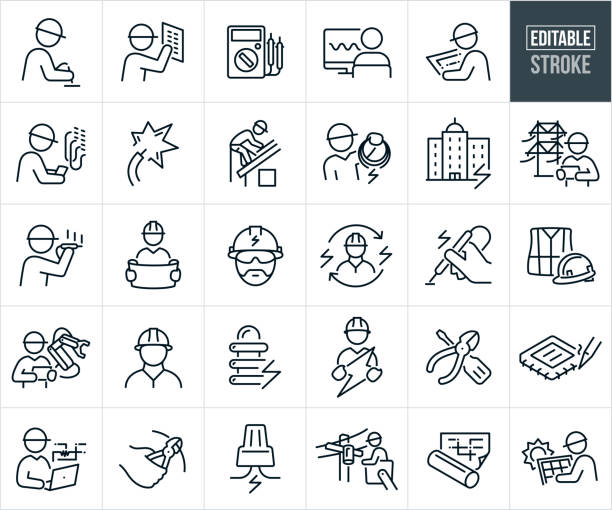Electrical Engineering Thin Line Icons - Editable Stroke - Icons Include Electronics Engineer Working On Circuit Board, Electrical Engineers Working, Electrical Engineer On Job Site, Electricians, Electricity A set of electrical engineering icons that include editable strokes or outlines using the EPS vector file. The icons include an electrical engineer working on an electrical component, electrical engineer working on a breaker box, multimeter, electrical engineer reading a wiring diagram, a live wire with electricity, electrical engineer working while on computer, electrical engineers wearing hard hats on job sites, an electrical engineer working with wires in a computer data center, electronics engineer working on circuit board, electrical engineer working on power lines, power transformer, electrical engineer holding an electric bolt, electrical tools, electrical engineer installing solar panels on a rooftop, electrical engineer working on power lines, electrical engineer with wires in hand, electronics engineer working on circuit, power line, robot arm, wiring diagram, an electrical engineer working on solar panels and electrical engineers in other work situations. power station blueprint stock illustrations