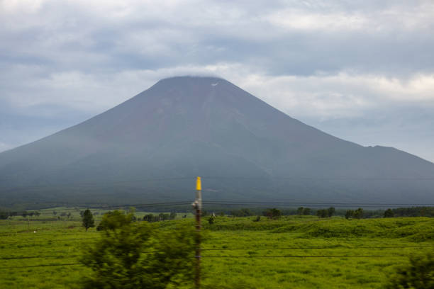 A serene view of Mount Fuji with its peak subtly veiled by clouds. The foreground features expansive green fields and scattered trees, intersected by power lines that add a modern touch to the natural scenery. The overcast sky enhances the dramatic and peaceful ambiance of this iconic Japanese landscape.