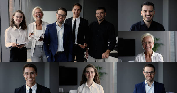 istock Successful team members posing for camera in office, collage view 2186832575