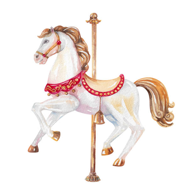 Toy horse with a bright harness hand drawn watercolor illustration isolated on white background Toy carousel horse with a bright harness and golden bells. Christmas present for children. Hand drawn watercolor illustration isolated on white background. Clipart for holiday design carousel horse isolated stock illustrations