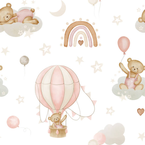 Teddy Bear seamless Pattern. Watercolor background with cute Toy, rainbows, air balloon and stars for Baby girl textile design or wallpaper. Pastel illustration with childish character with clouds Teddy Bear seamless Pattern. Watercolor background with cute Toy, rainbows, air balloon and stars for Baby girl textile design or wallpaper. Pastel illustration with childish character with clouds. pink teddy bear stock illustrations